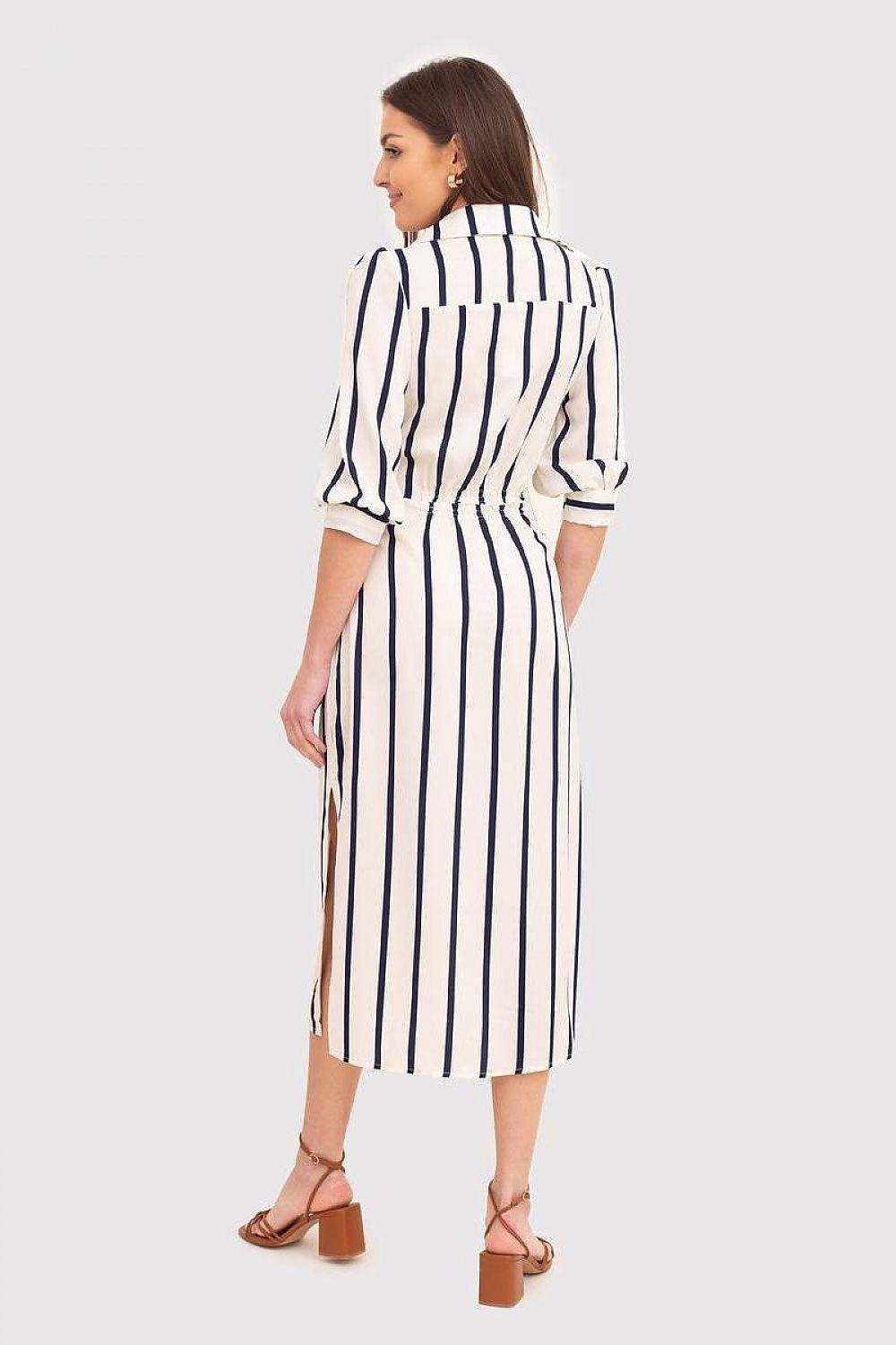 Versatile Cream Midi Dress with Navy Stripes