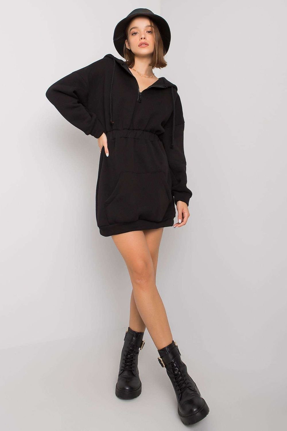 Cozy Hooded Sweatshirt Dress with Zipper and Kangaroo Pocket