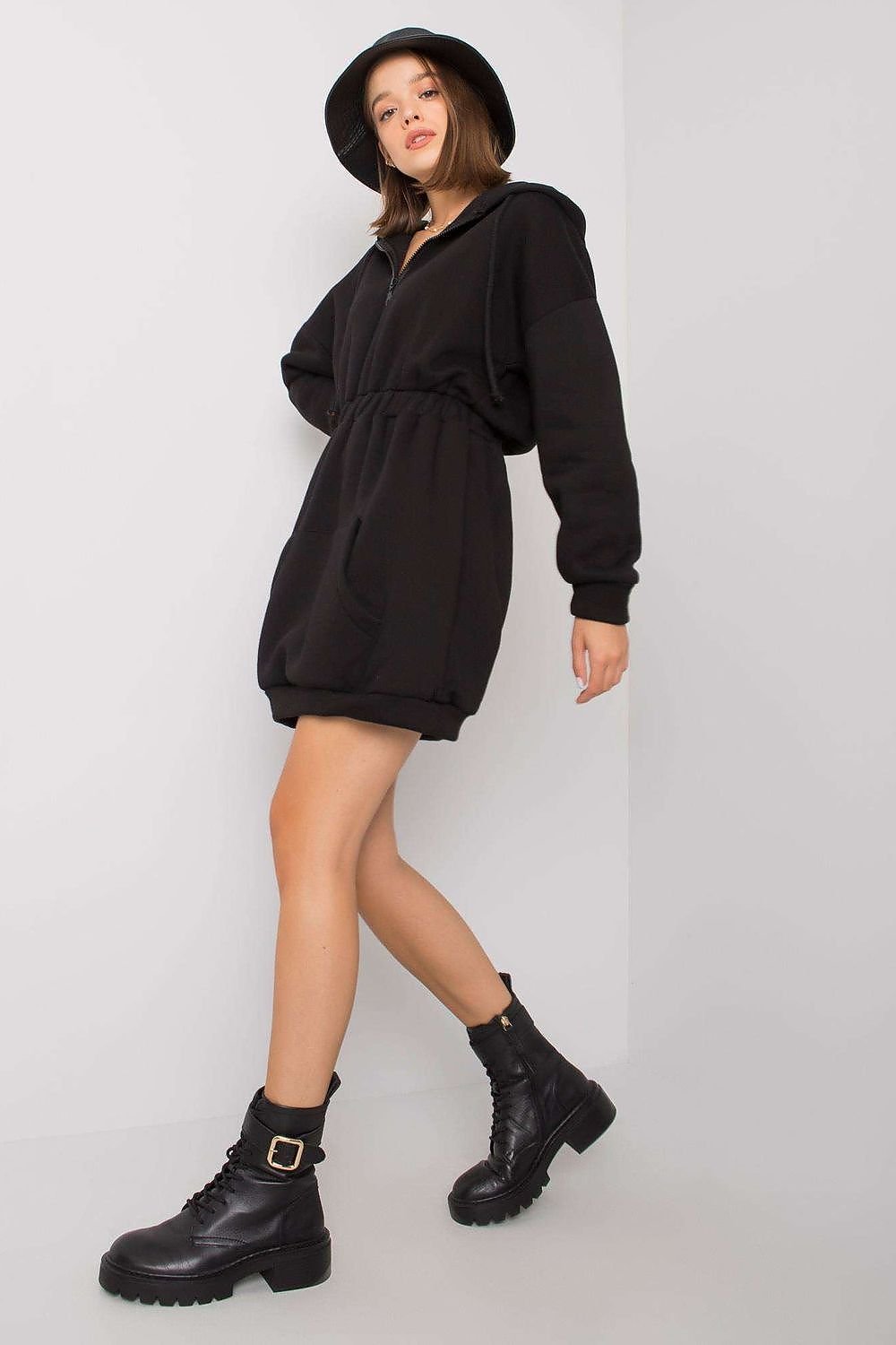 Cozy Hooded Sweatshirt Dress with Zipper and Kangaroo Pocket