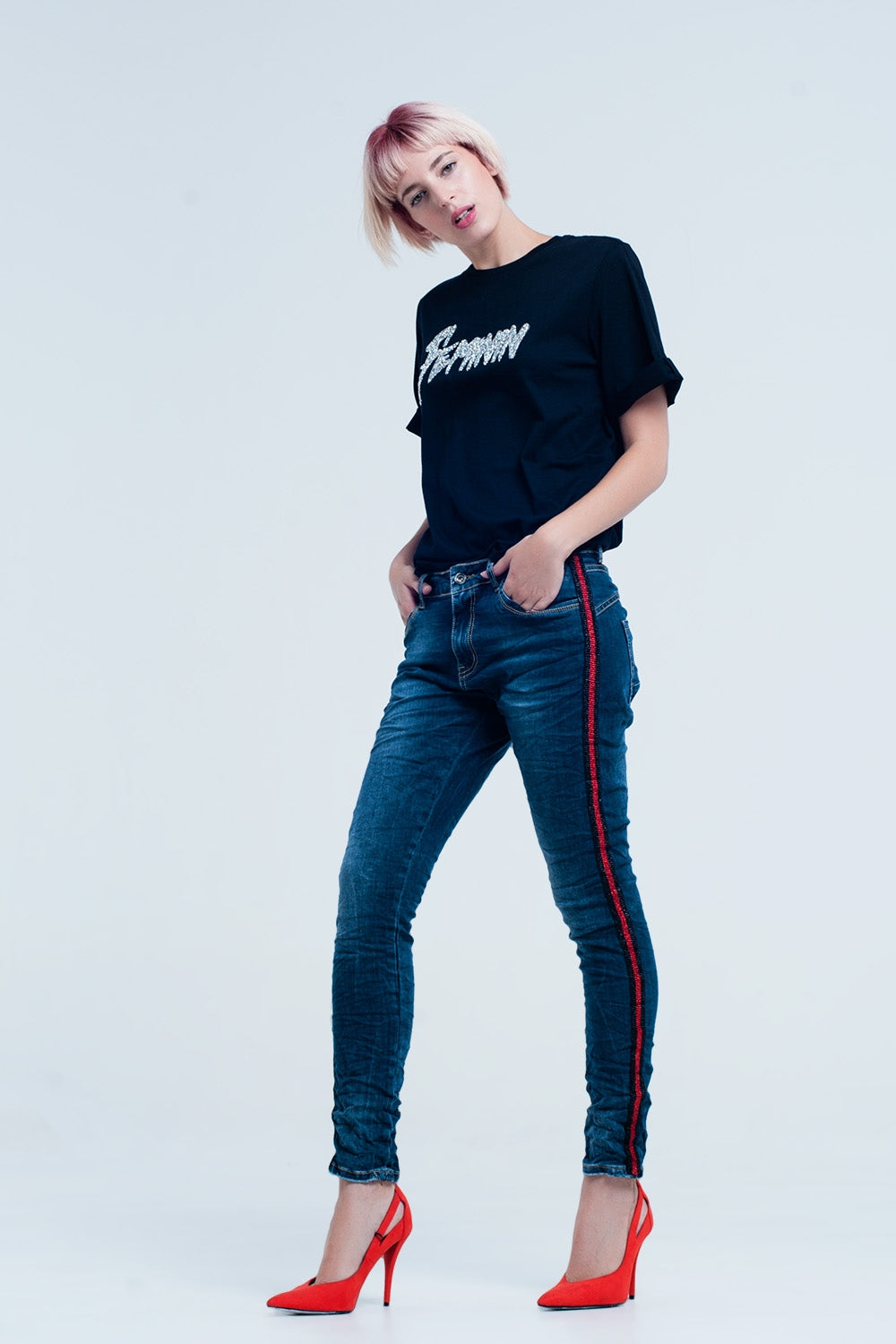 Dark blue boyfriend jeans with red sideband Q2 Jeans BoutiqueLua