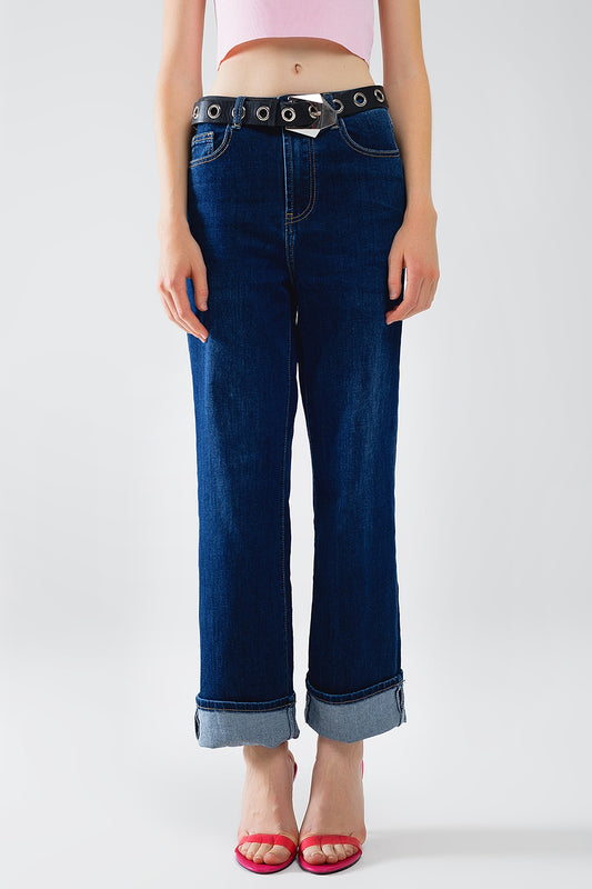 Q2 Dark Blue denim Straight Jeans With Folded Hem