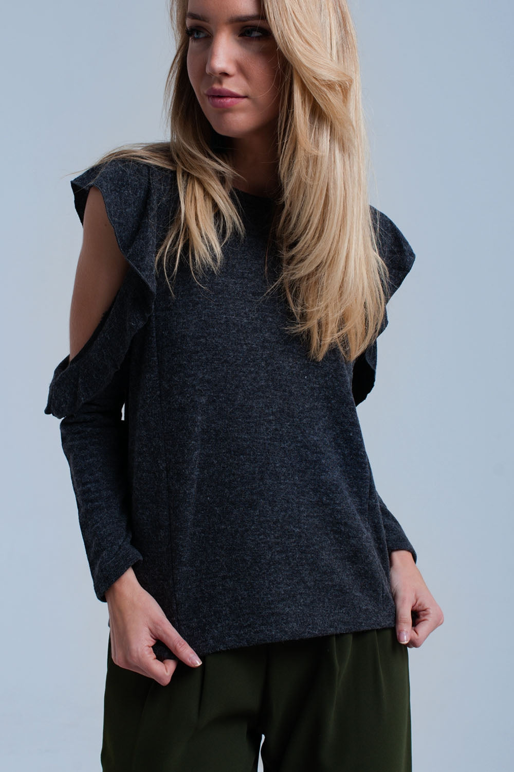 Dark gray top with ruffle and open detail Q2 Shirts BoutiqueLua