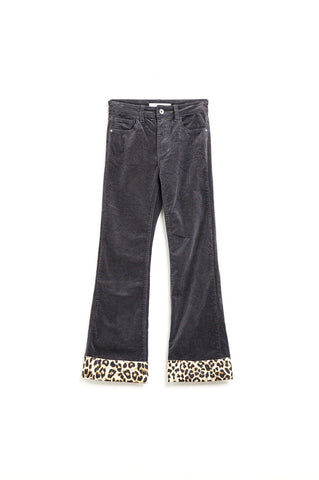 Dark grey Corduroy flare pants with leopard print at the bottom