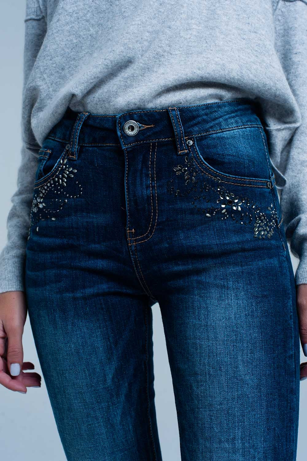 Dark Wash high waist Jeans with Rhinestone Details Q2 Jeans BoutiqueLua