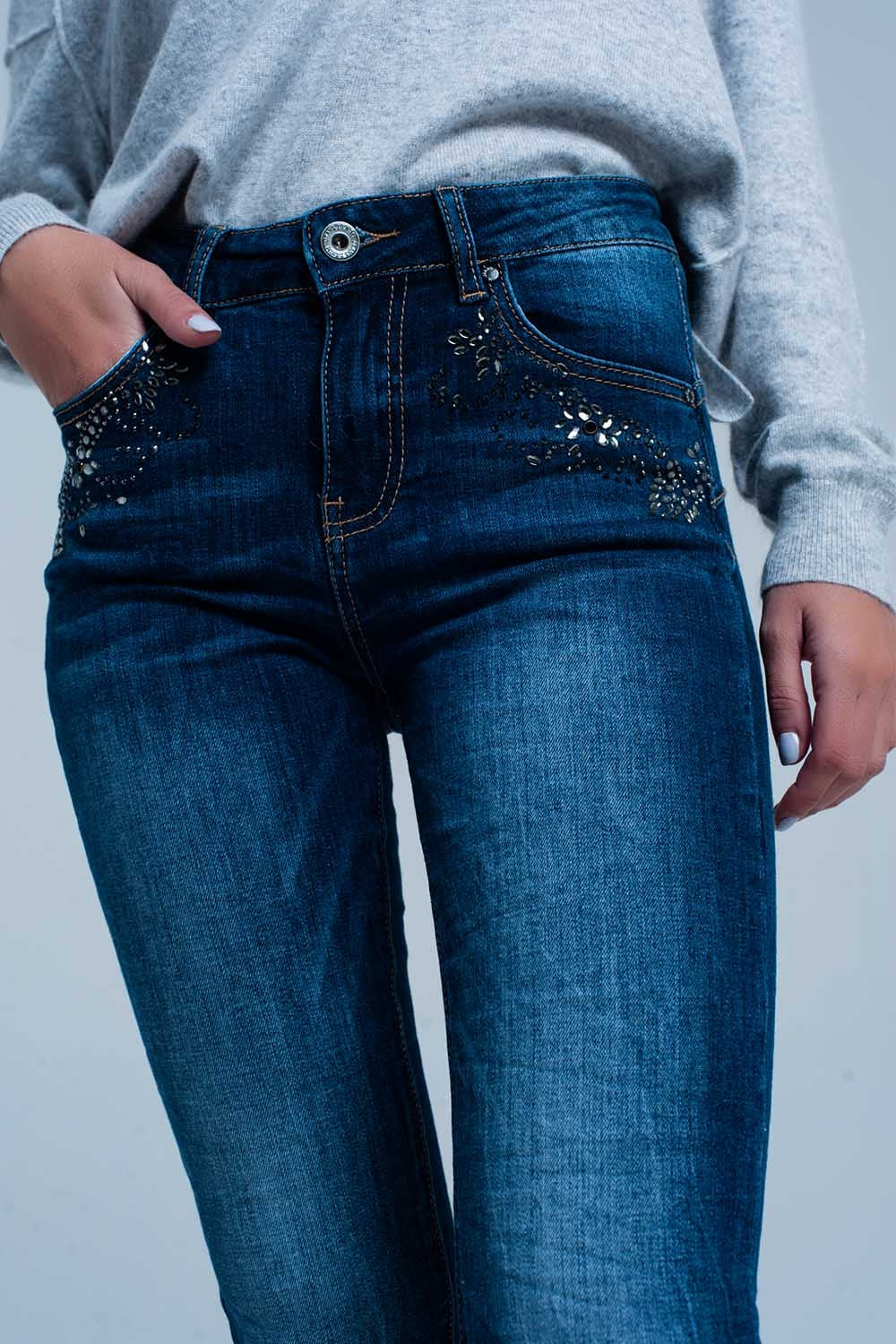 Dark Wash high waist Jeans with Rhinestone Details Q2 Jeans BoutiqueLua