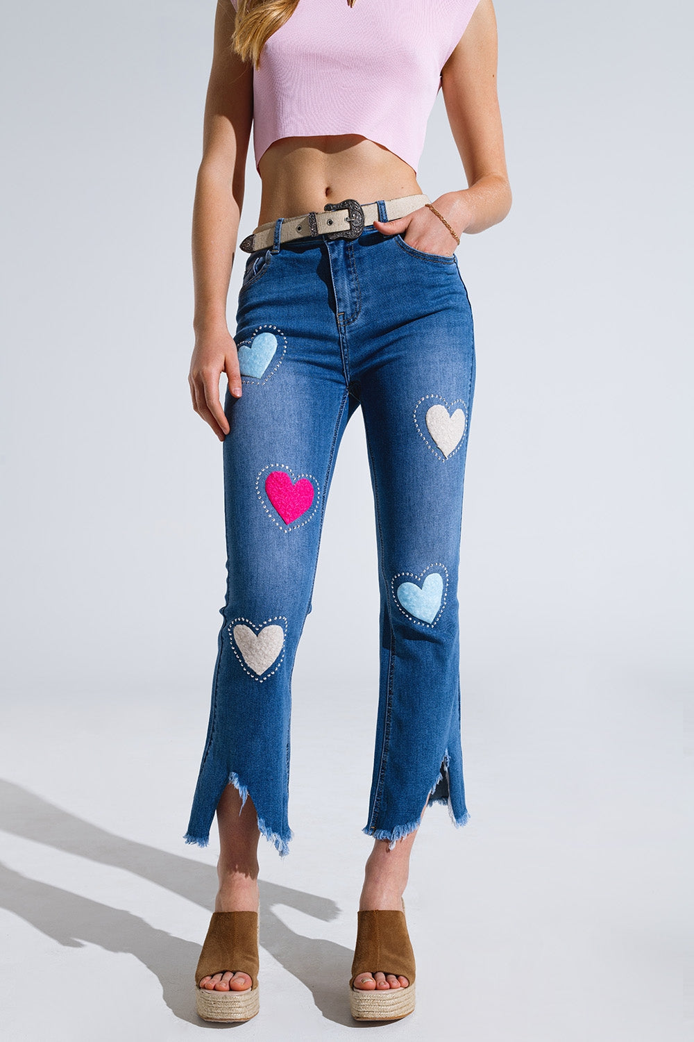 Dark Wash Skinny Jeans With Hearts Surrounded With Studds Q2 Jeans BoutiqueLua