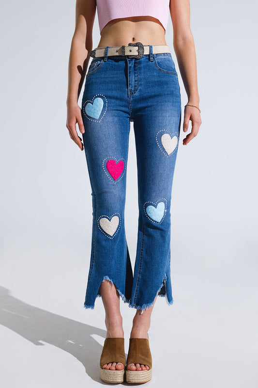 Q2 Dark Wash Skinny Jeans With Hearts Surrounded With Studds