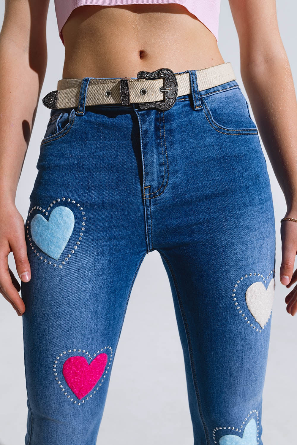 Dark Wash Skinny Jeans With Hearts Surrounded With Studds Q2 Jeans BoutiqueLua