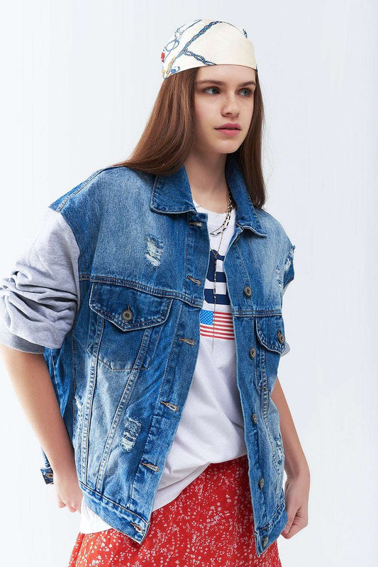 Q2 Denim Jacket with Jogging Fabric Sleeves