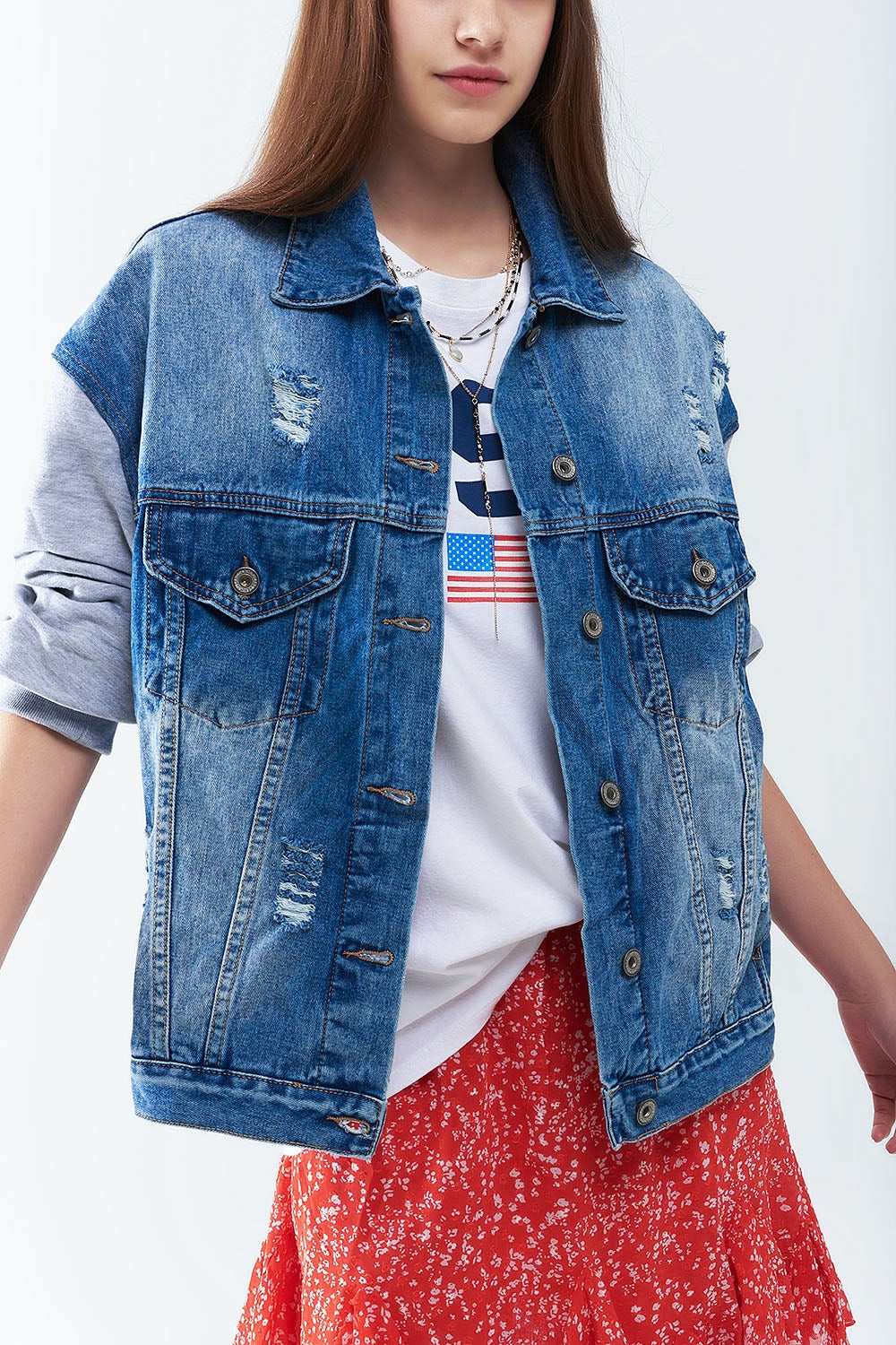 Denim Jacket with Jogging Fabric Sleeves