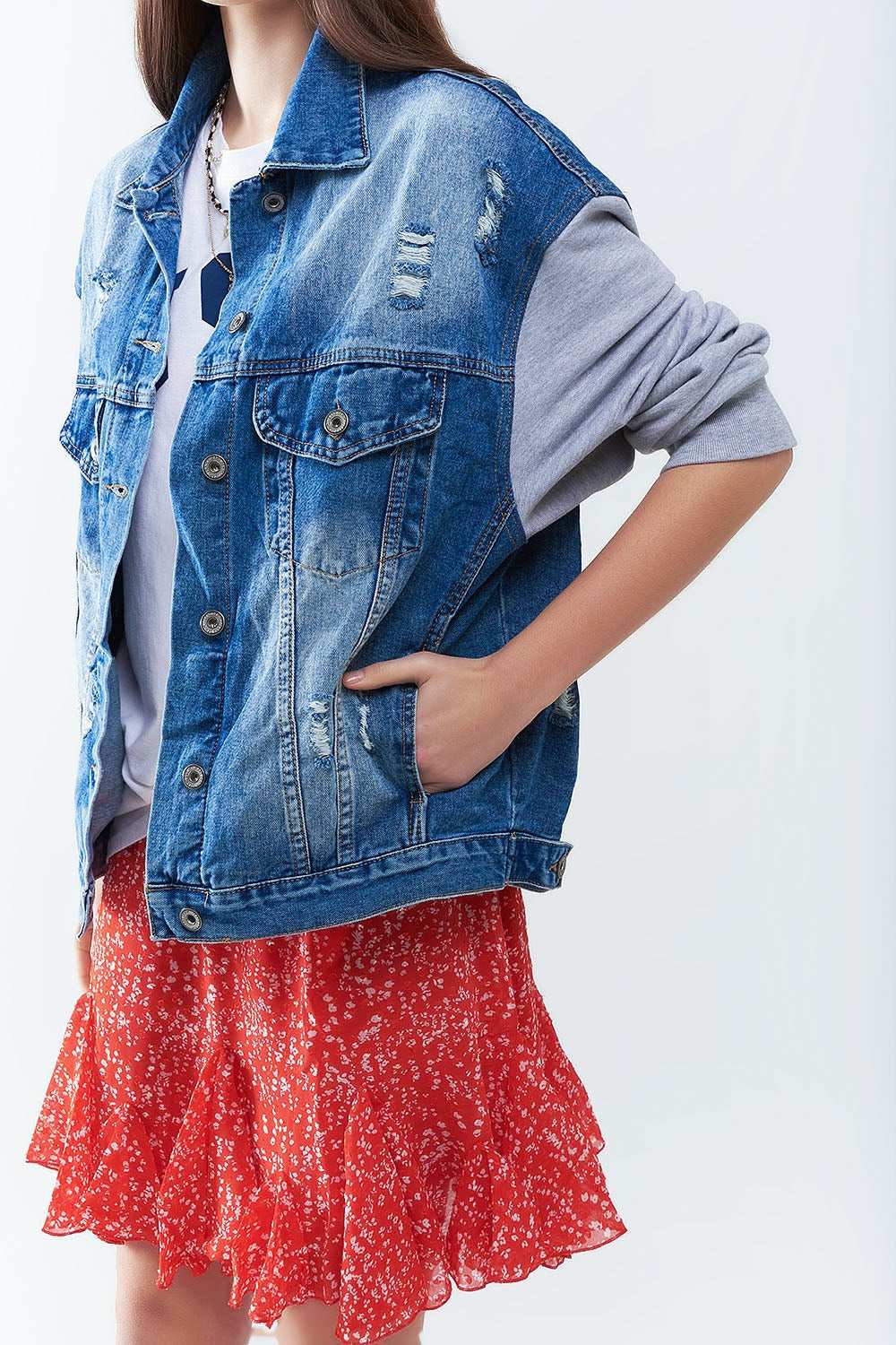 Denim Jacket with Jogging Fabric Sleeves