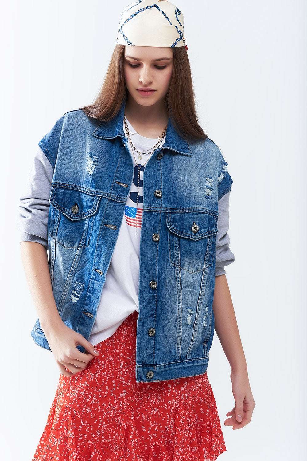 Denim Jacket with Jogging Fabric Sleeves