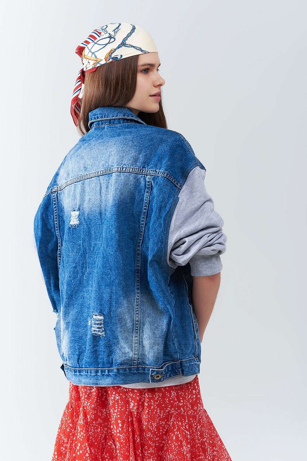 Denim Jacket with Jogging Fabric Sleeves