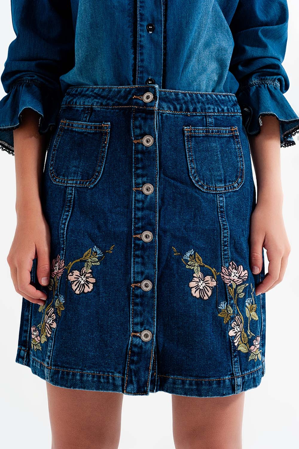 Denim skirt with flower embroidery and front buttons Q2 Skirts BoutiqueLua