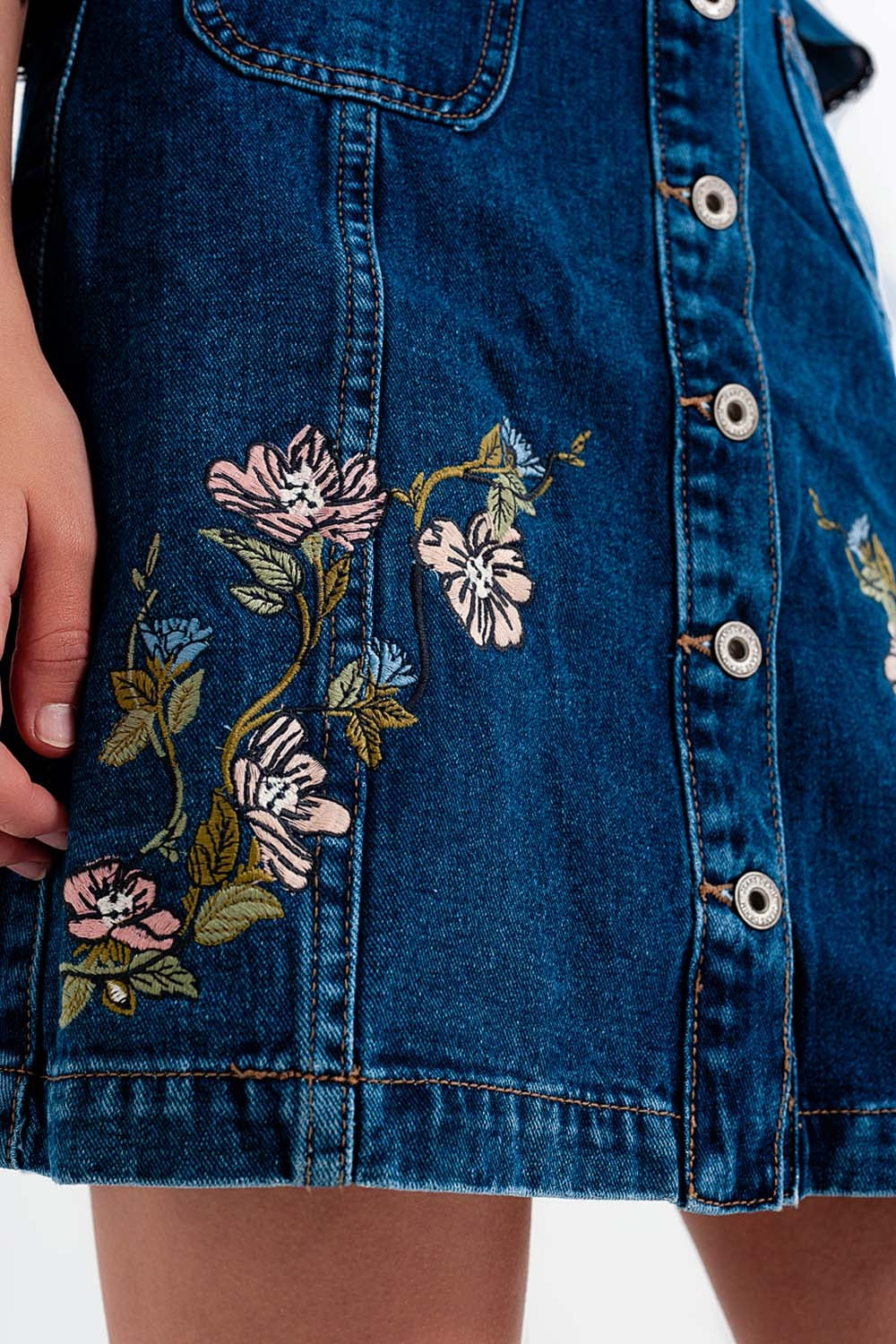 Denim skirt with flower embroidery and front buttons Q2 Skirts BoutiqueLua