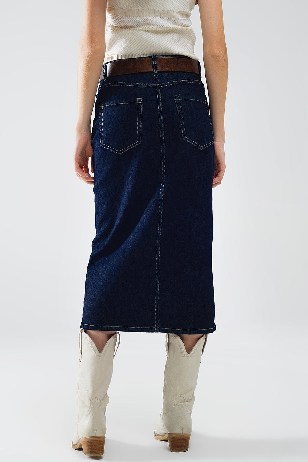 Denim Skirt With Front Slit And Gold Buttons on Sides Q2 Skirts BoutiqueLua