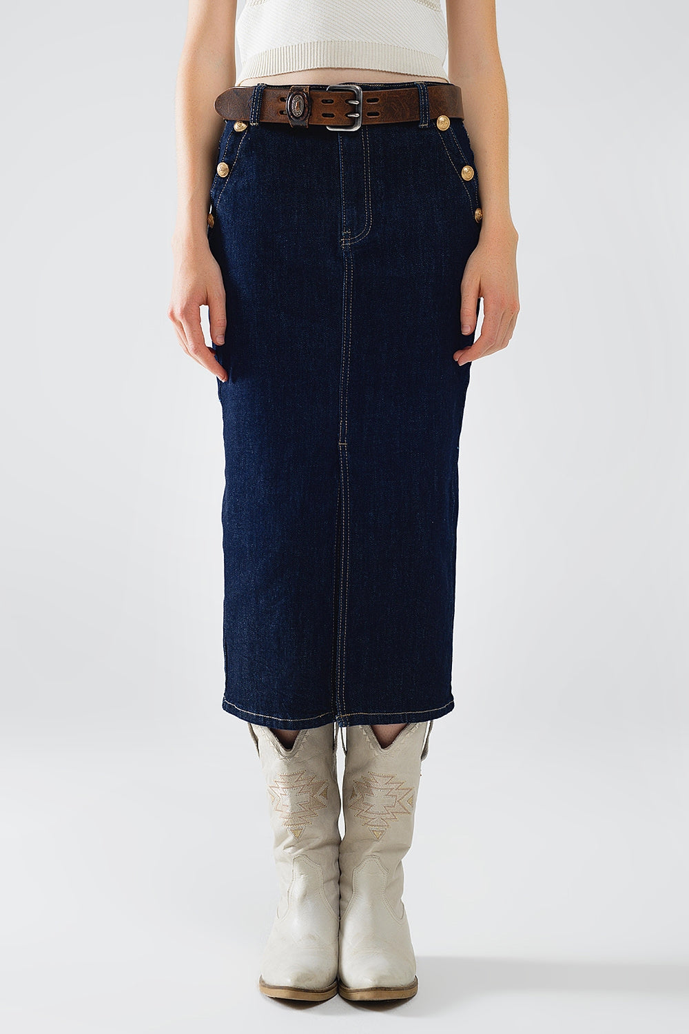 Q2 Denim Skirt With Front Slit And Gold Buttons on Sides