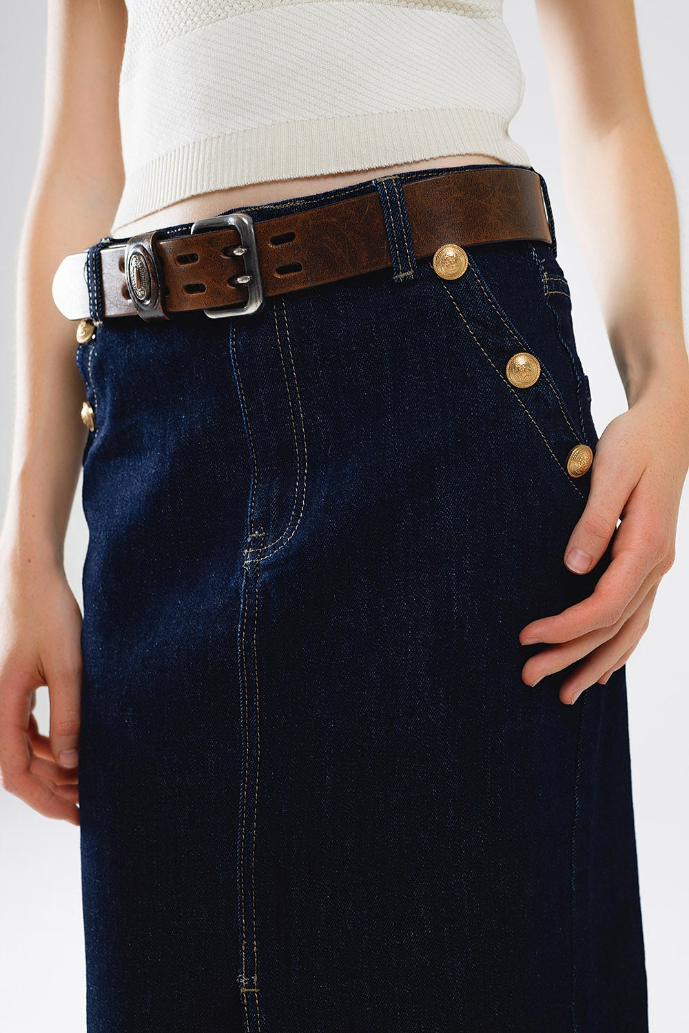 Denim Skirt With Front Slit And Gold Buttons on Sides Q2 Skirts BoutiqueLua