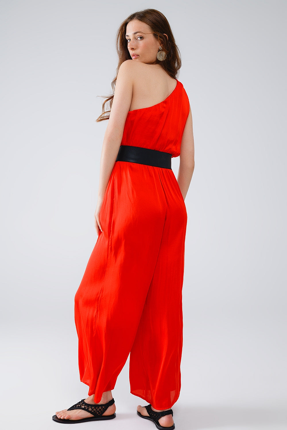 Drapped One Shoulder Jumpsuit With Cinched Waist In Red Q2 Dresses BoutiqueLua