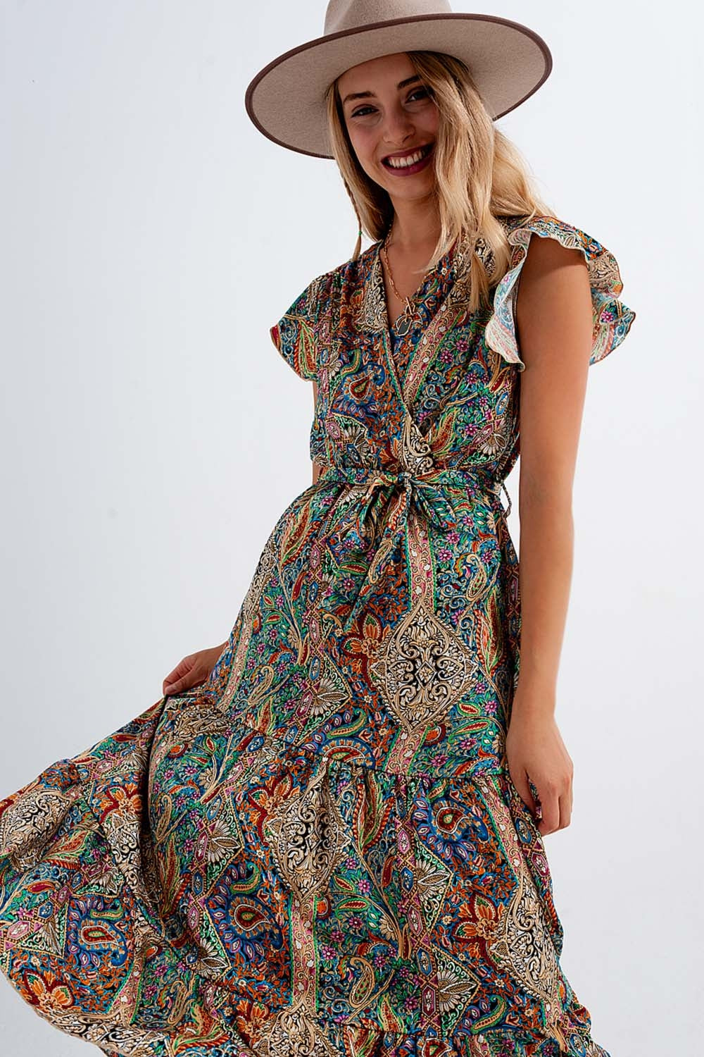 Dressed ruffle hem midaxi dress in paisley print in green Q2 Dresses BoutiqueLua