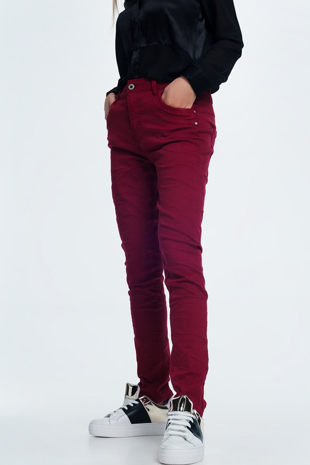 Drop crotch skinny jean in maroon Q2 Jeans BoutiqueLua