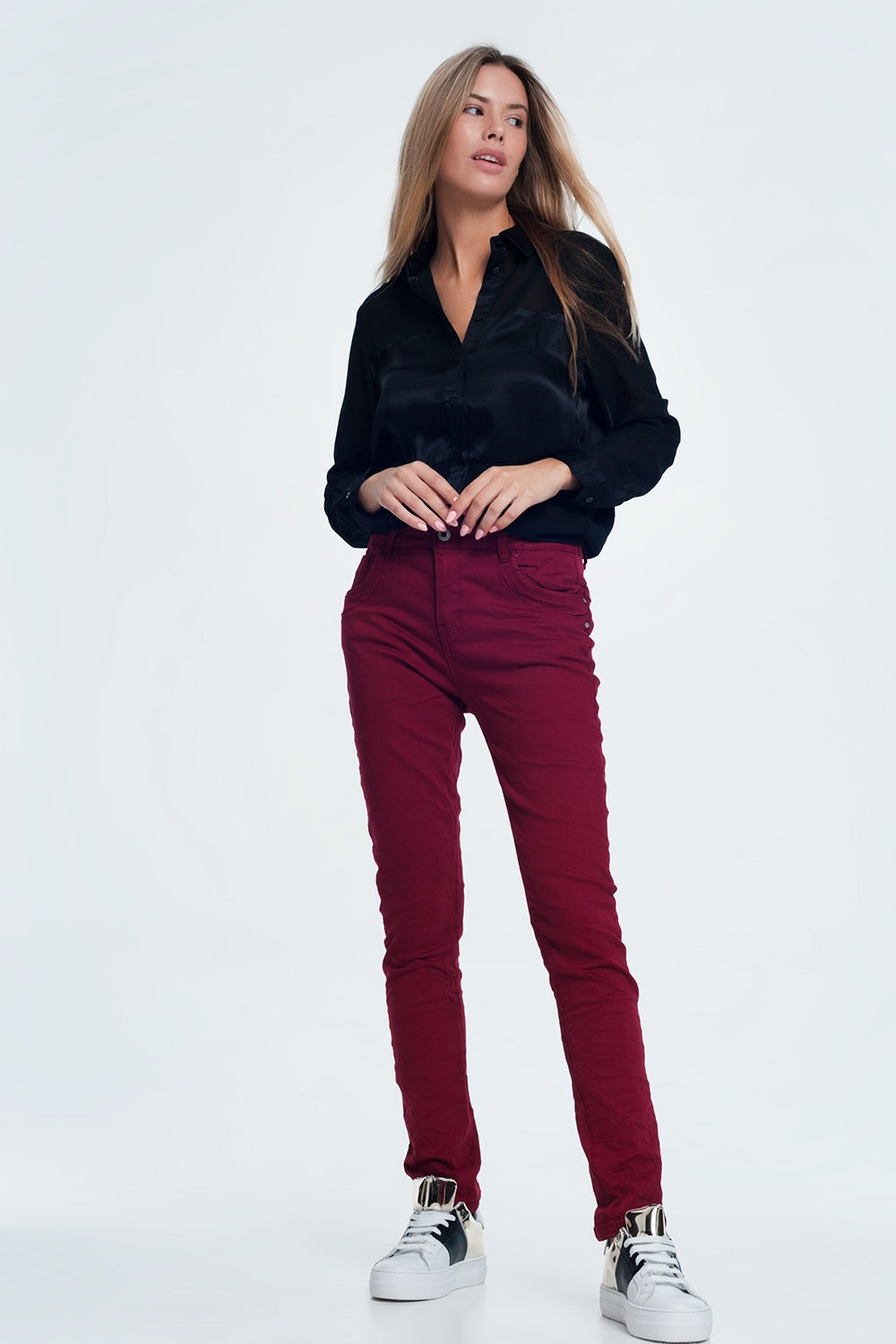 Drop crotch skinny jean in maroon Q2 Jeans BoutiqueLua