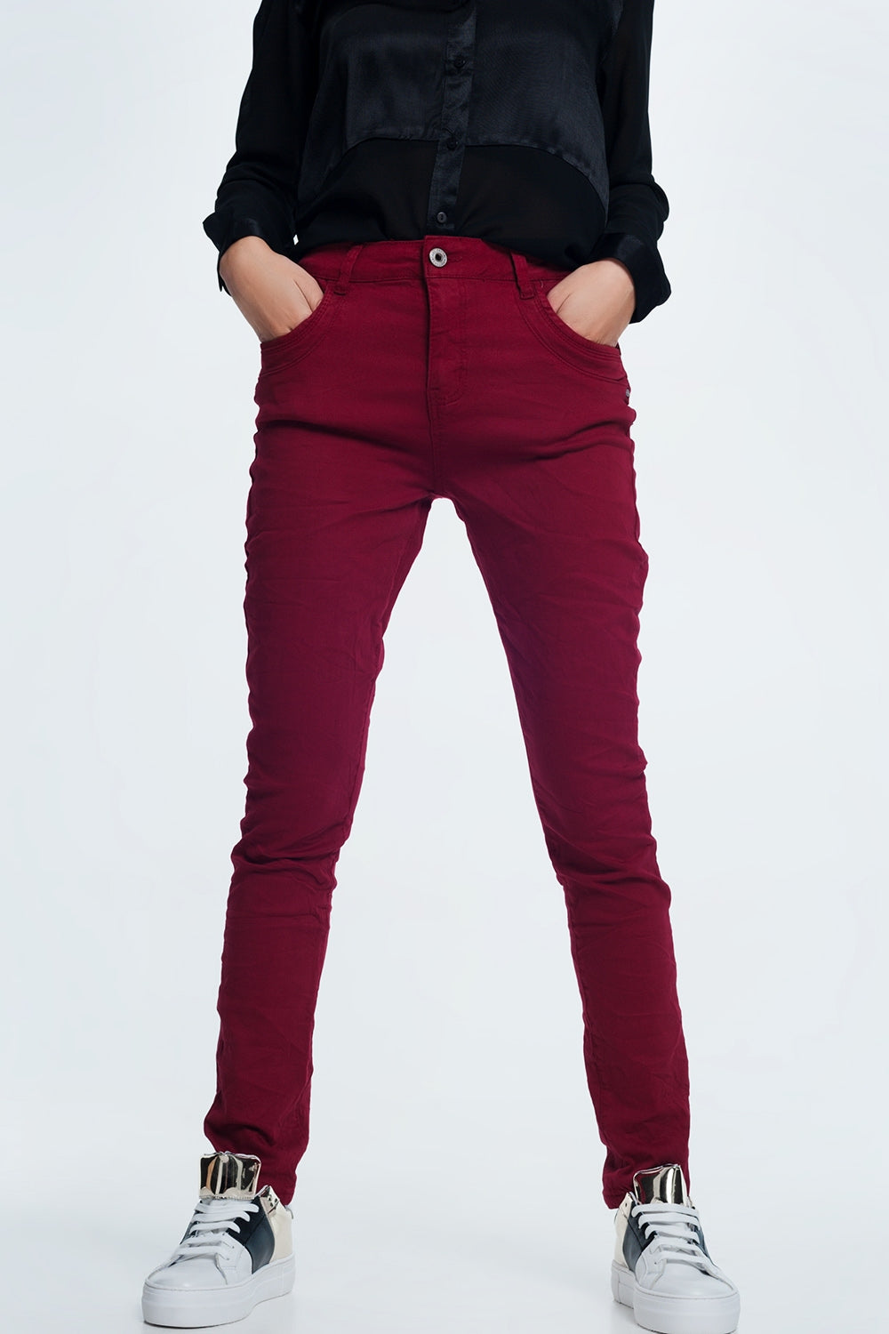 Q2 Drop crotch skinny jean in maroon