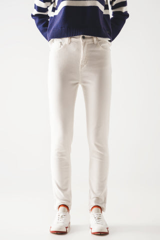 Pantalon skinny en velours côtelé de coton élastique couleur crème