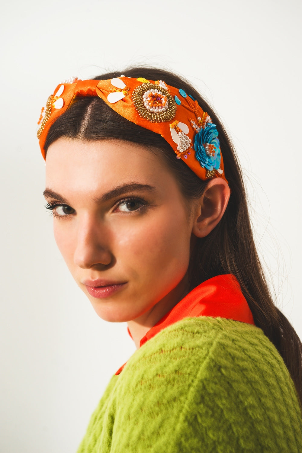 Q2 Embellished chunky headband in orange