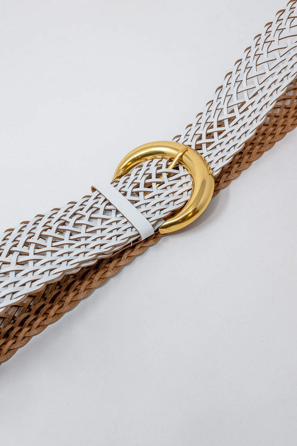 Faux Leather Braided Belt with Gold Buckle in White Q2 Accessories BoutiqueLua