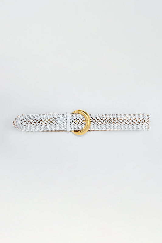 Q2 Faux Leather Braided Belt with Gold Buckle in White