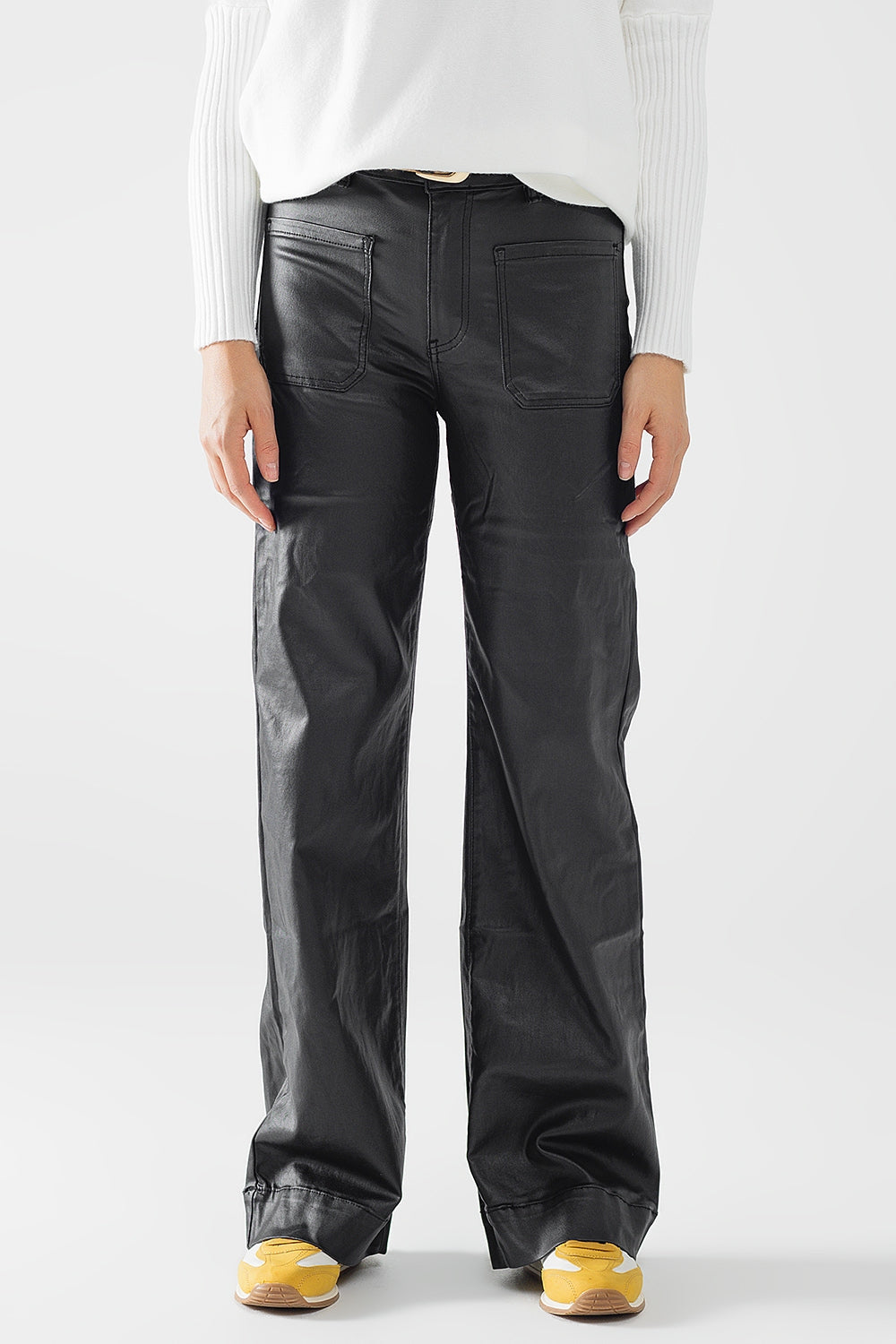 Faux leather pants with wide leg and pocket detail Q2 Pants BoutiqueLua