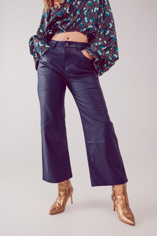 Q2 Faux leather wide leg pants in blue