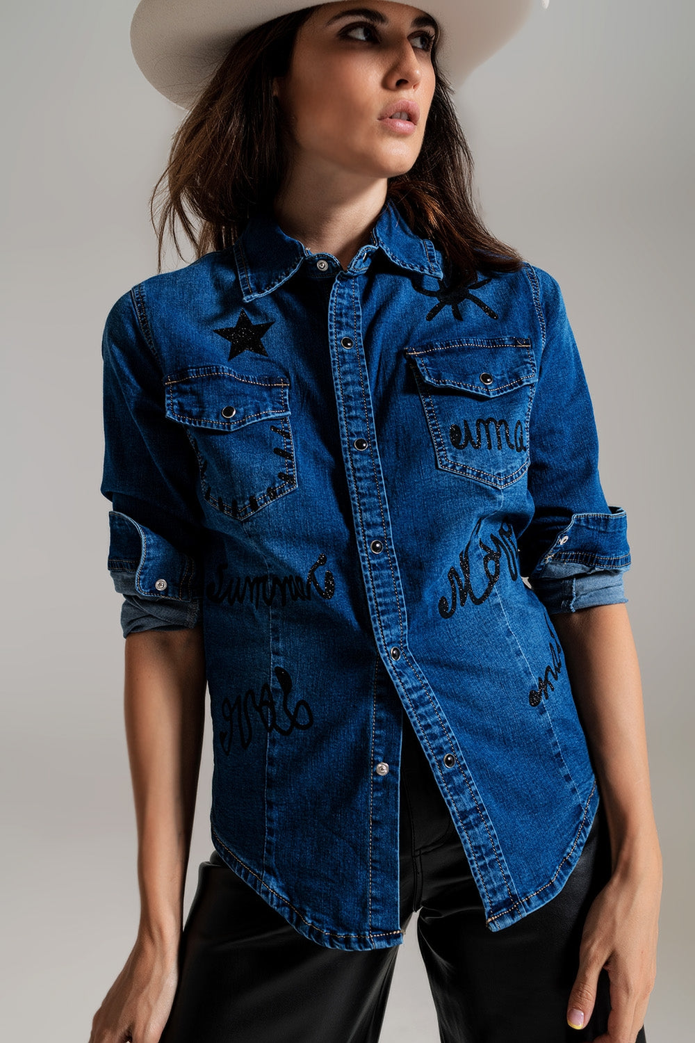 fitted denim shirt with black graphic details with strass Q2 Shirts BoutiqueLua