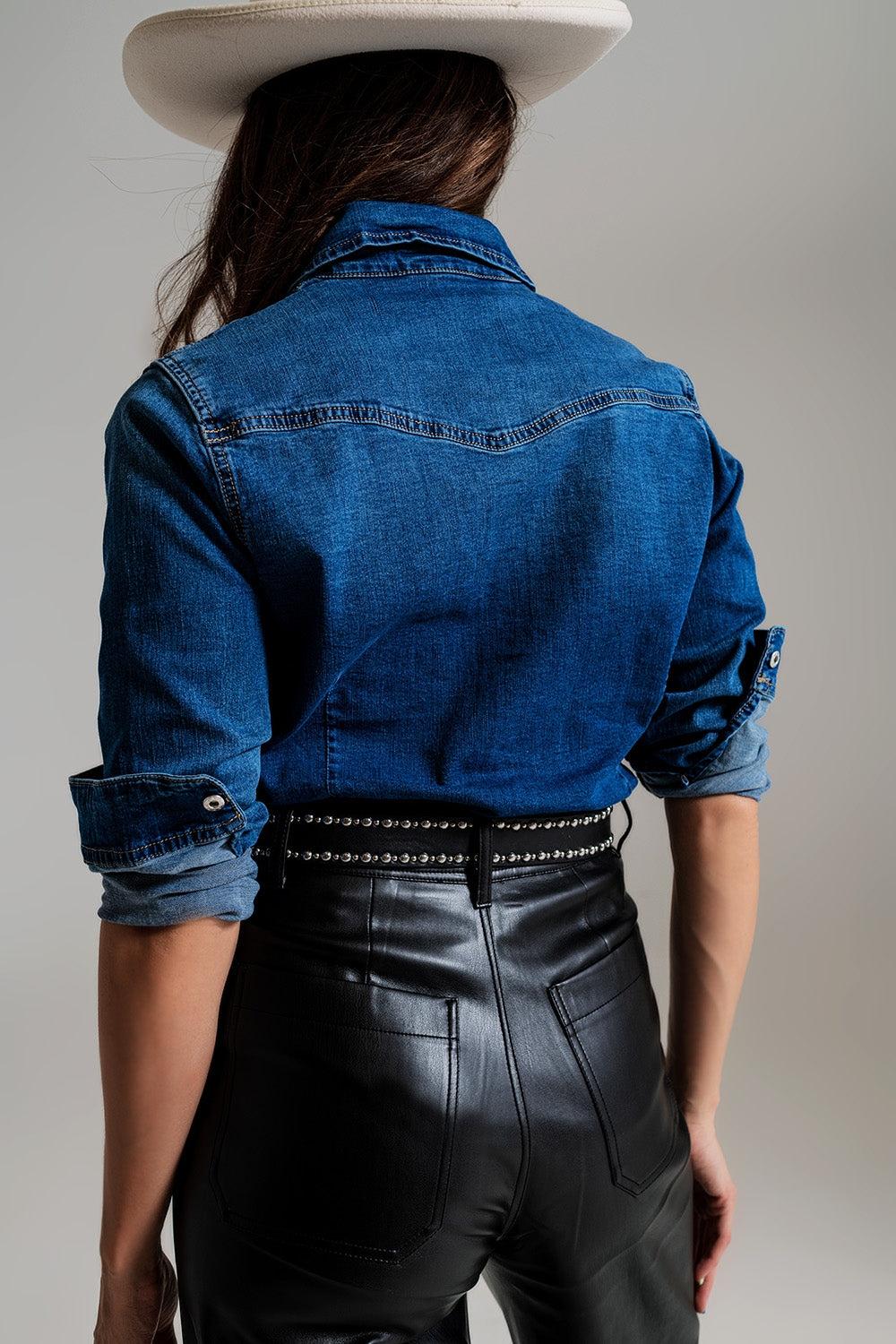 fitted denim shirt with black graphic details with strass Q2 Shirts BoutiqueLua