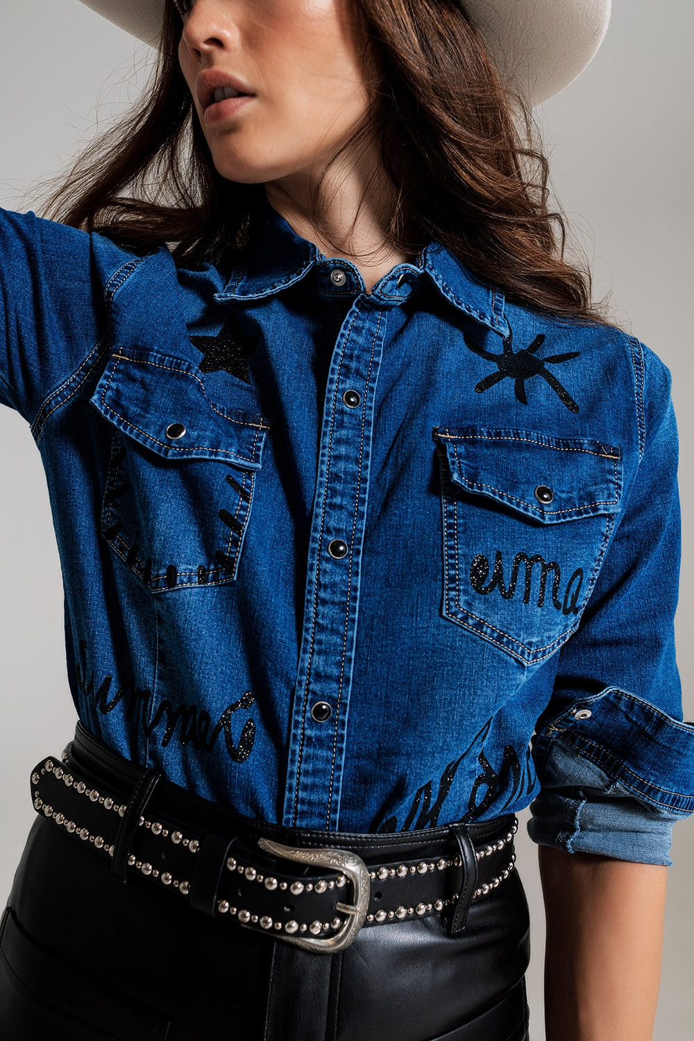 fitted denim shirt with black graphic details with strass Q2 Shirts BoutiqueLua