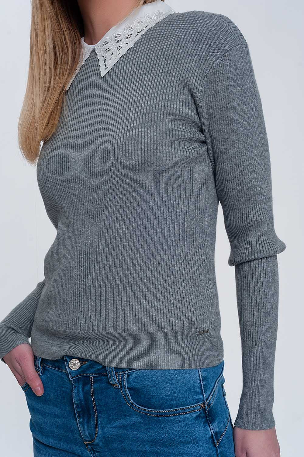 Fitted jumper in gray rib knit Q2 Sweaters BoutiqueLua