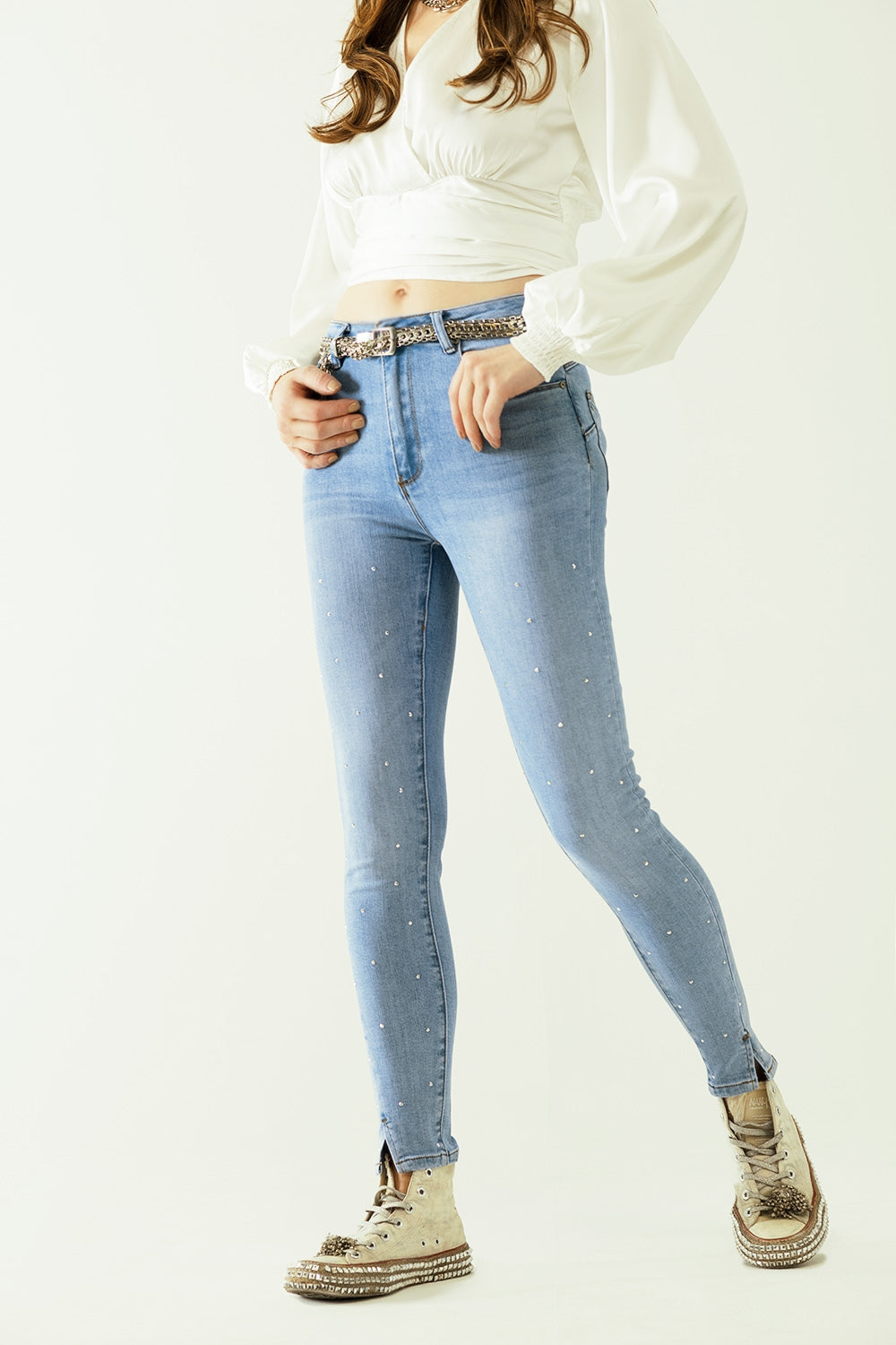 Five-pocket skinny jeans in stretch denim with strass detail all over Q2 Jeans BoutiqueLua