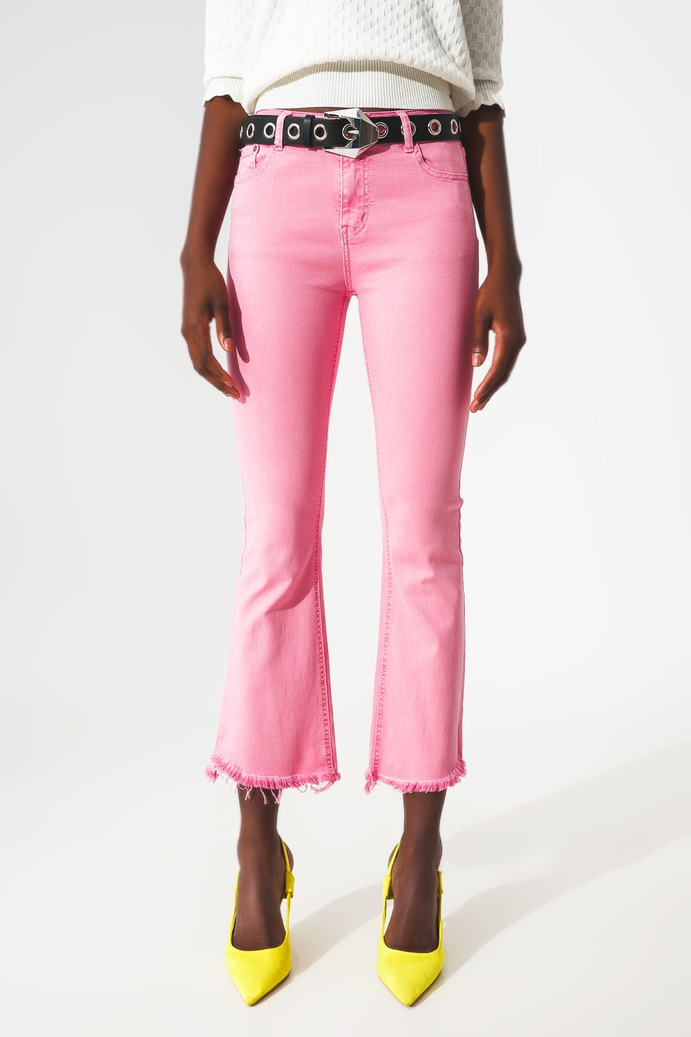 Flare jeans with raw hem edge in bubblegum pink