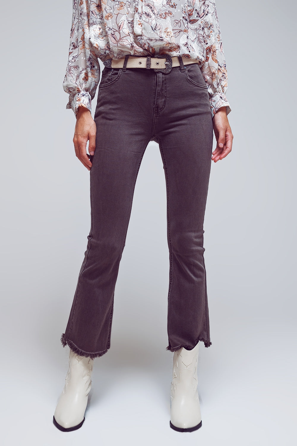 Flare jeans with raw hem edge in dark grey Q2 Jeans BoutiqueLua