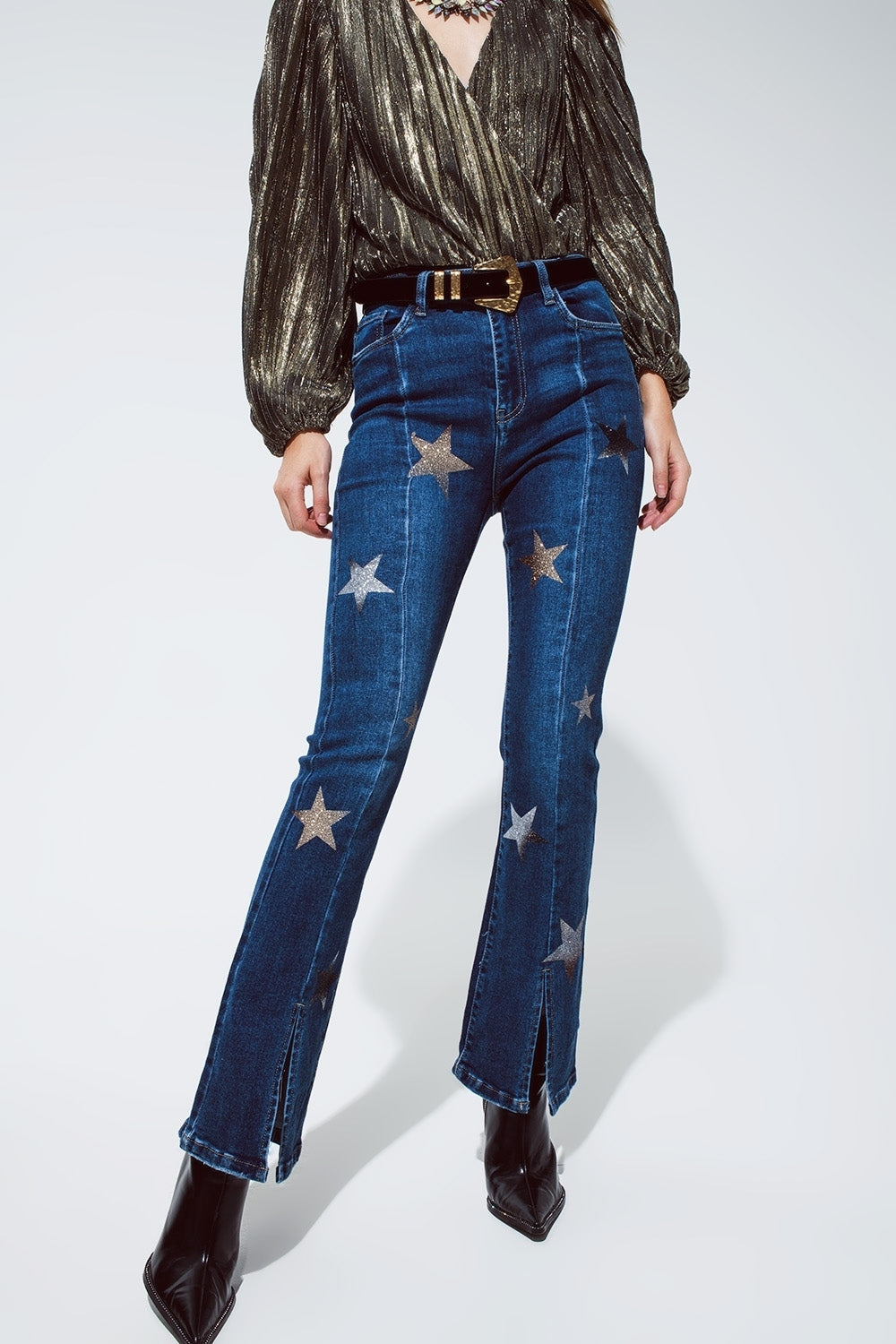 Flared Jeans with Shiny Stars Detail in Blue Q2 Jeans BoutiqueLua