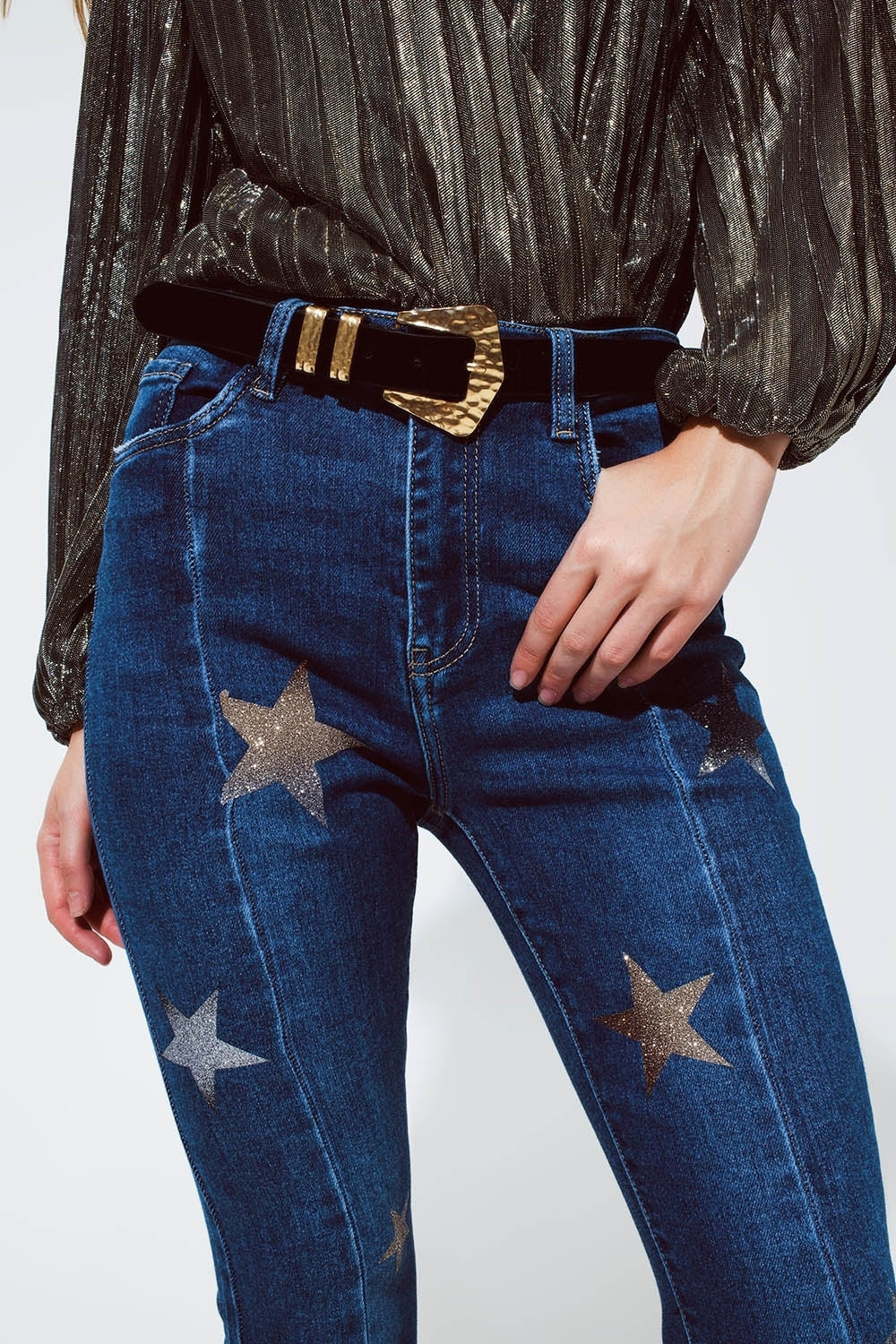 Flared Jeans with Shiny Stars Detail in Blue Q2 Jeans BoutiqueLua