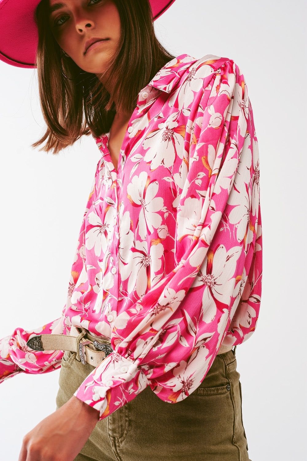 Floral chiffon Blouse with Volume Sleeves in Pink