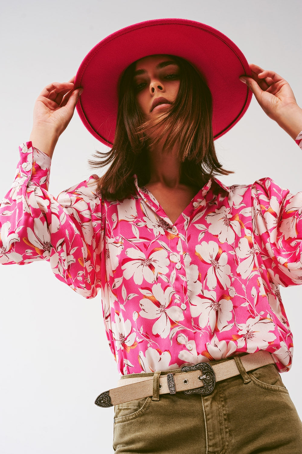 Floral chiffon Blouse with Volume Sleeves in Pink