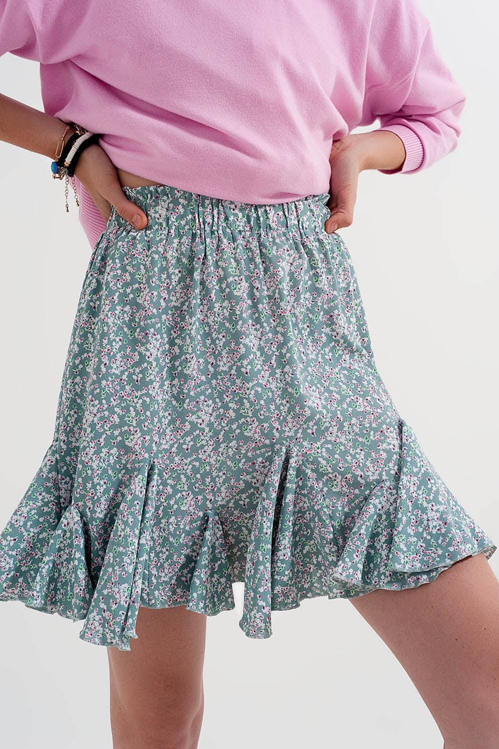 Floral flounce co-ord mini skirt in green Q2 Skirts BoutiqueLua