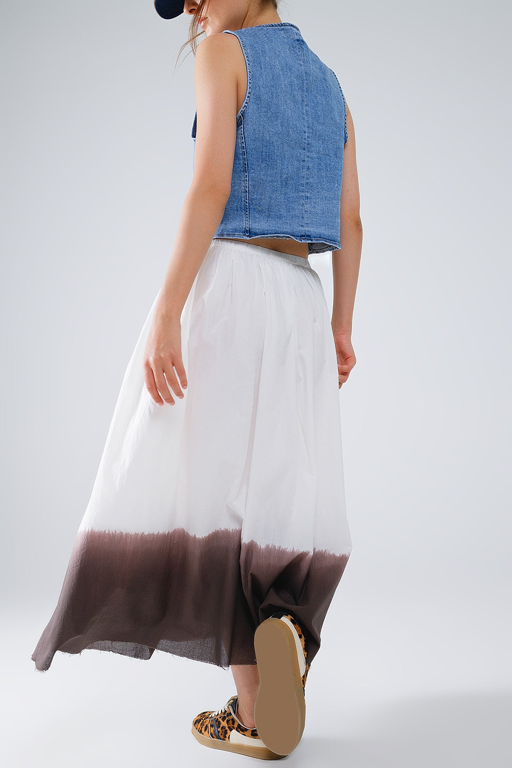 Flowy Drop Waist White Skirt With Brown Ombre Detail Q2 Skirts BoutiqueLua