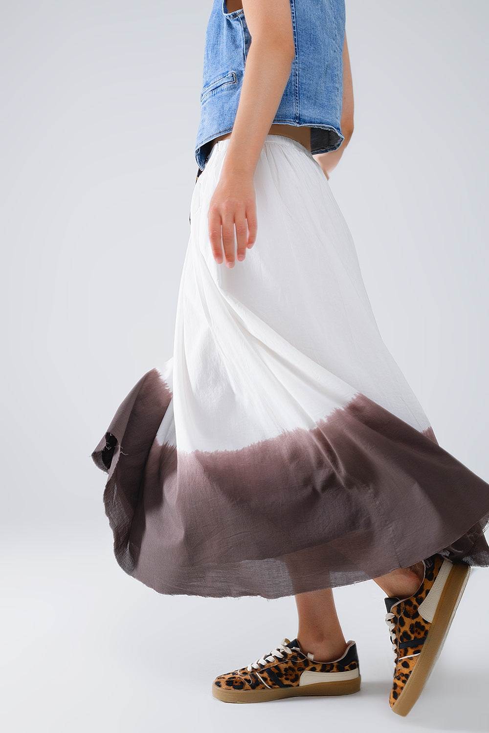 Flowy Drop Waist White Skirt With Brown Ombre Detail Q2 Skirts BoutiqueLua