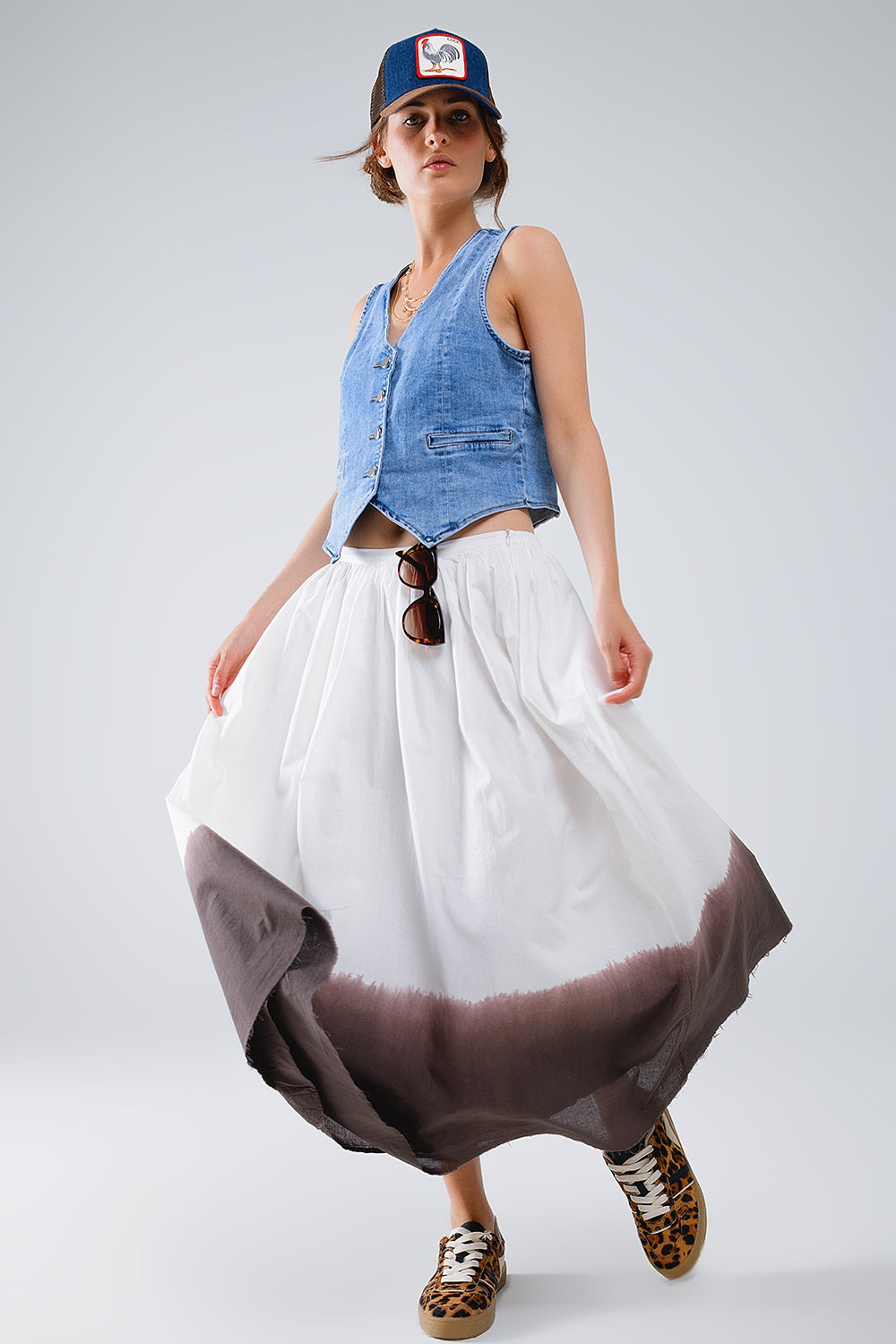 Flowy Drop Waist White Skirt With Brown Ombre Detail Q2 Skirts BoutiqueLua