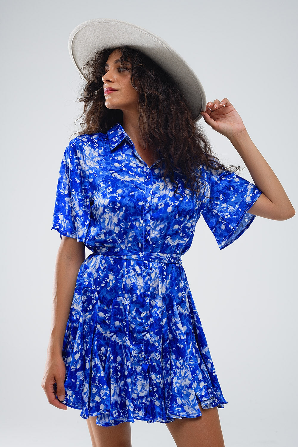 Flowy Short Shirt Dress With Angel Sleeves in Blue Abstract Print Q2 Dresses BoutiqueLua