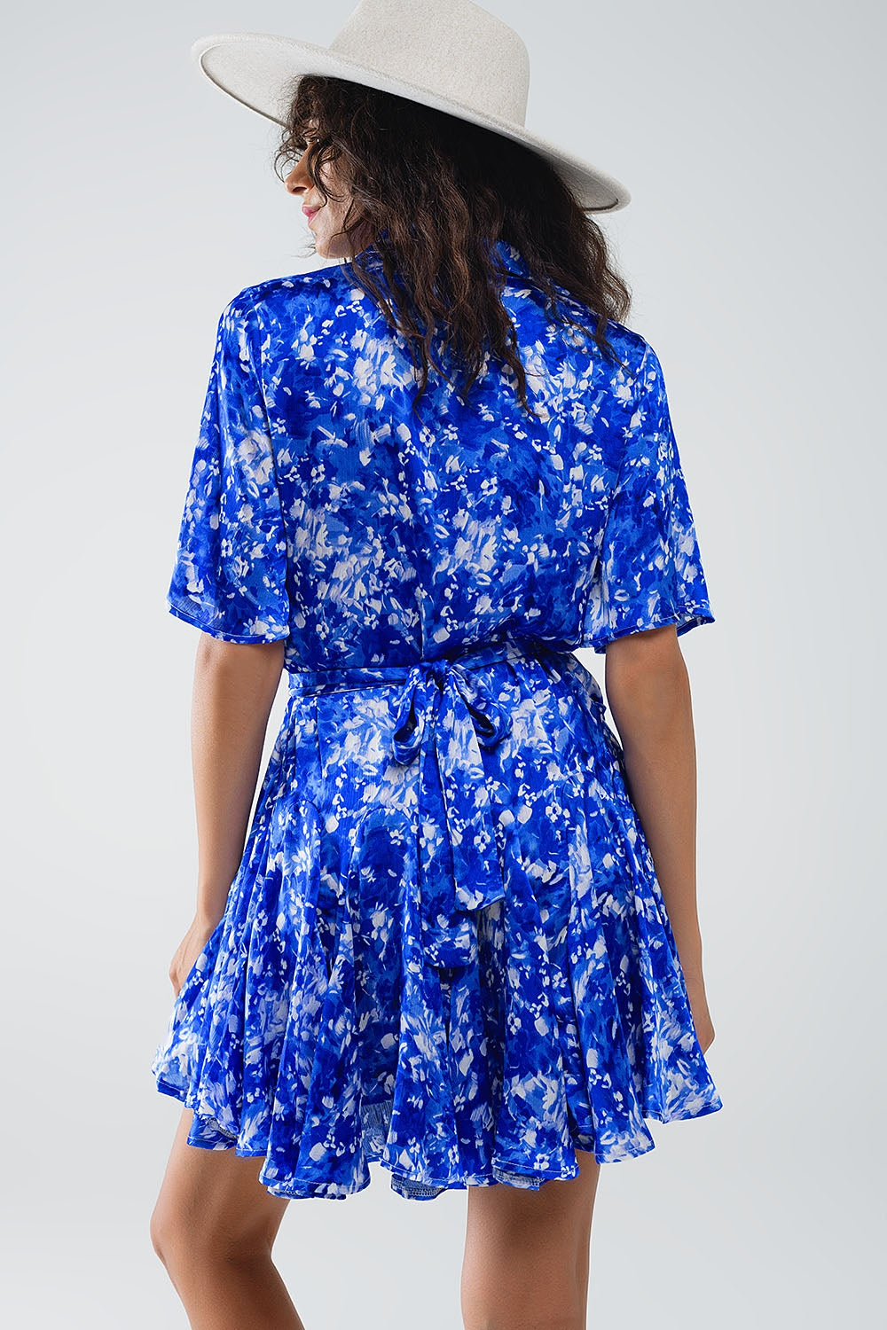 Flowy Short Shirt Dress With Angel Sleeves in Blue Abstract Print Q2 Dresses BoutiqueLua